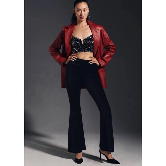Anthropologie Black Velvet Flared Flare Pants Bell Bottoms 10 High Rise Stretch - Picture 1 of 10